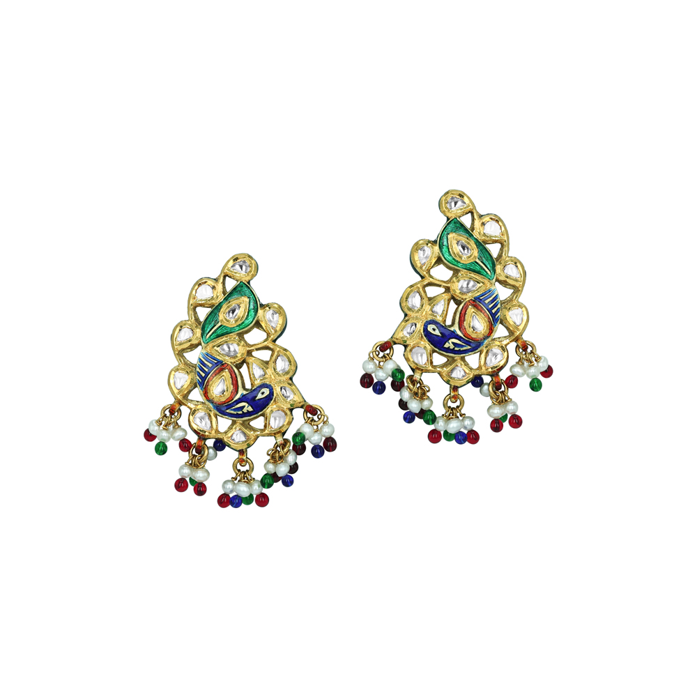 Polki Earrings with Peacock Enamel and Multicolour Beads